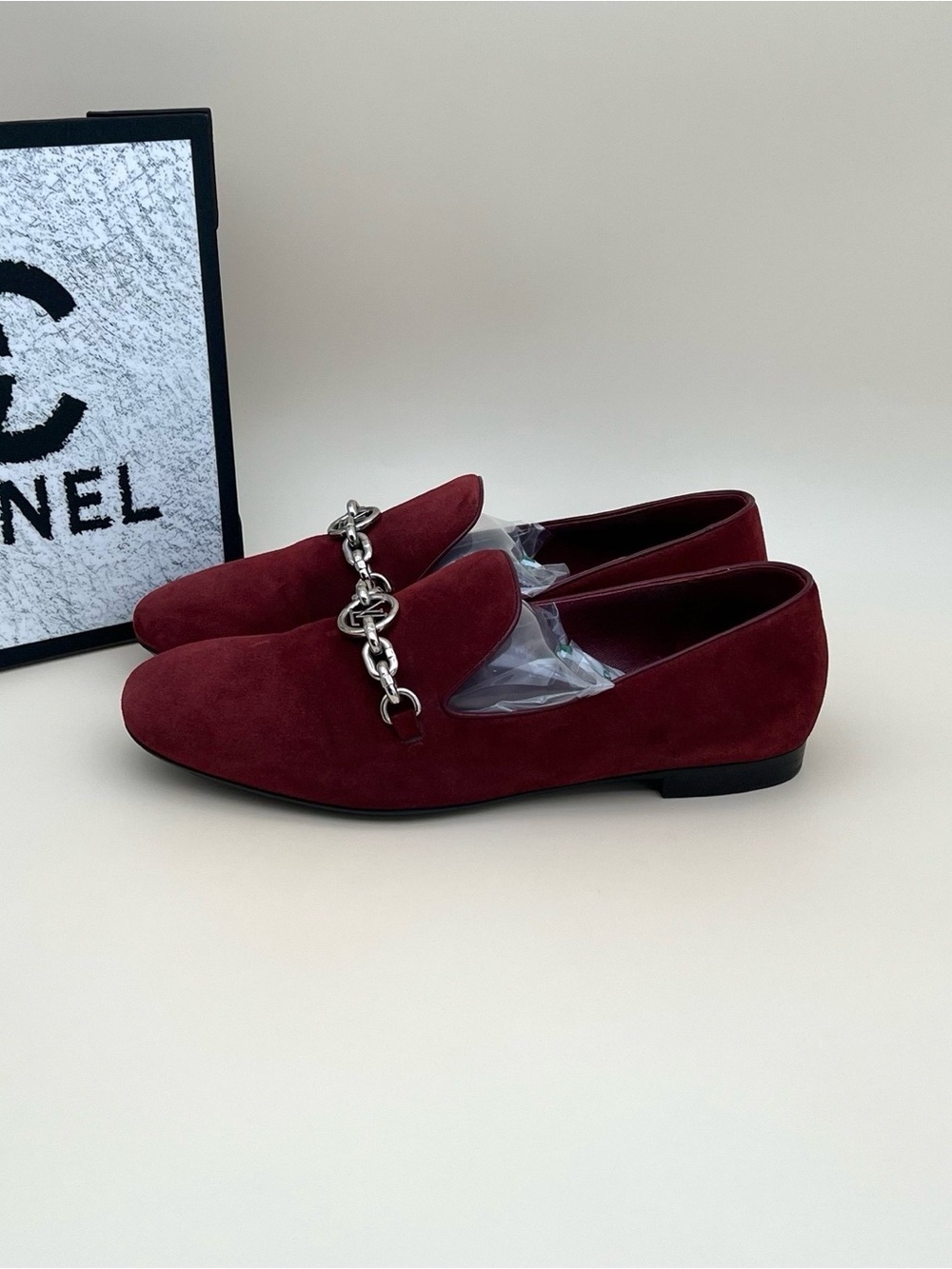 Louis Vuitton Burgundy Suede Loafers with Silver Chain